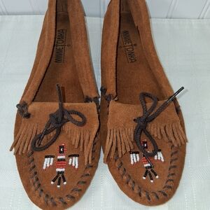 Minnetonka Brown Suede Moccasins with Beaded Design